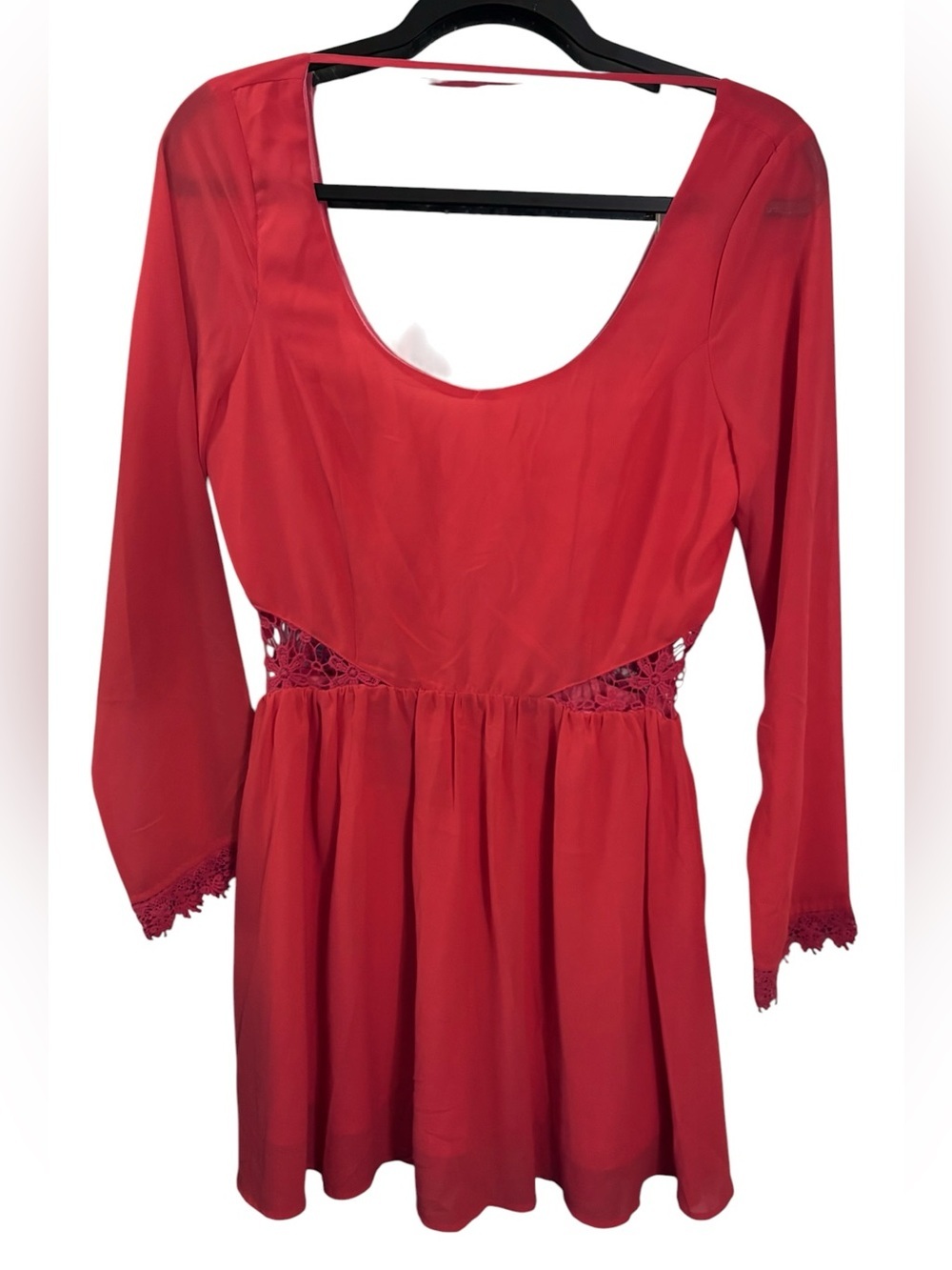 Boho Coral Red Long Sleeve Mini Dress w/ Lace Cut Out Details & Low V Back | M